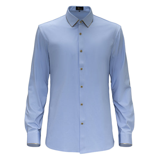 LIGHT BLUE WITH GOLD TRIM & CRYSTAL BUTTONS LONG SLEEVE SHIRT (Copy) (Copy)