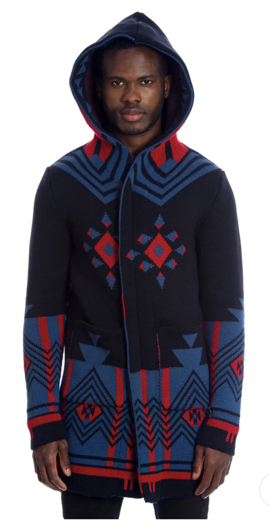 HOODED CARDIGAN - NAVY/RED